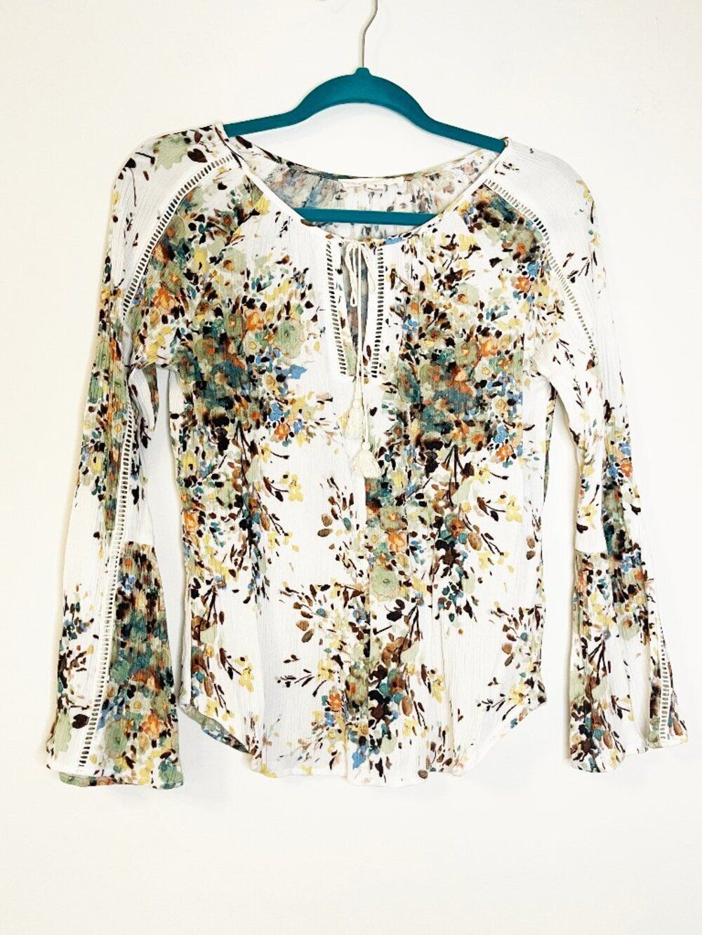 Lovestitch Floral Peasant Blouse Size Small Boho Bell Sleeve Tassel Tie Top - Picture 2 of 9